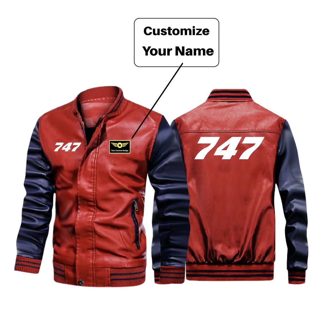 747 Flat Text Designed Stylish Leather Bomber Jackets