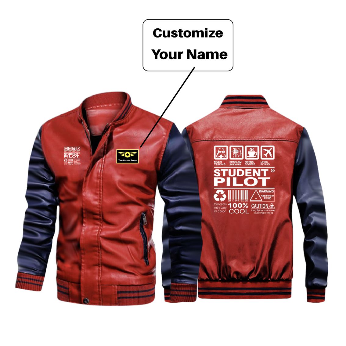 Student Pilot Label Designed Stylish Leather Bomber Jackets
