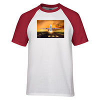 Thumbnail for Amazing Departing Aircraft Sunset & Clouds Behind Designed Raglan T-Shirts