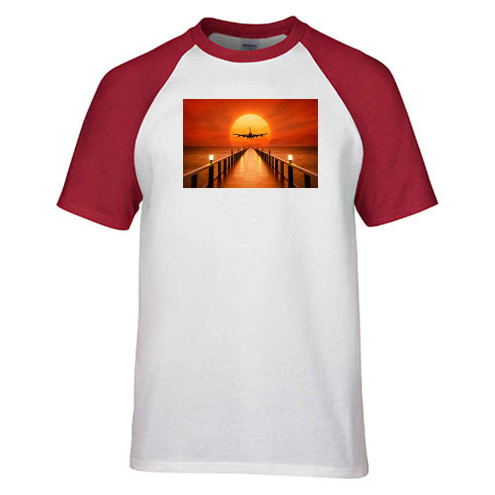Airbus A380 Towards Sunset Designed Raglan T-Shirts