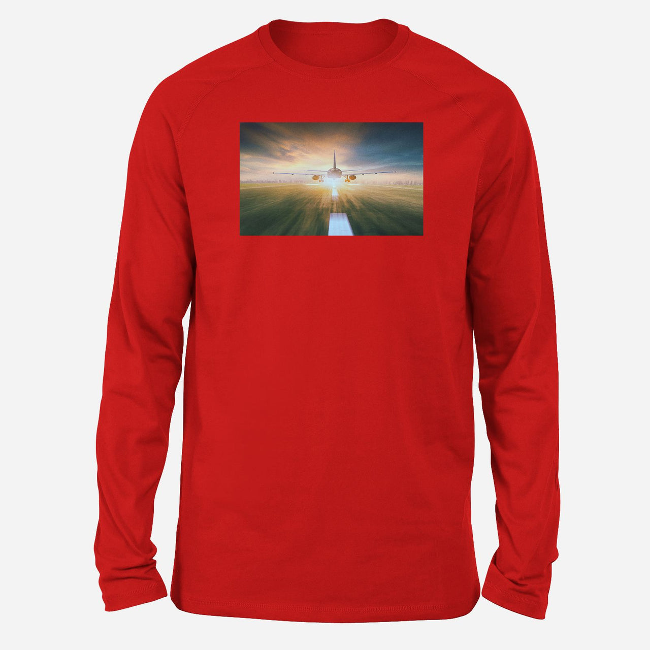 Airplane Flying Over Runway Designed Long-Sleeve T-Shirts