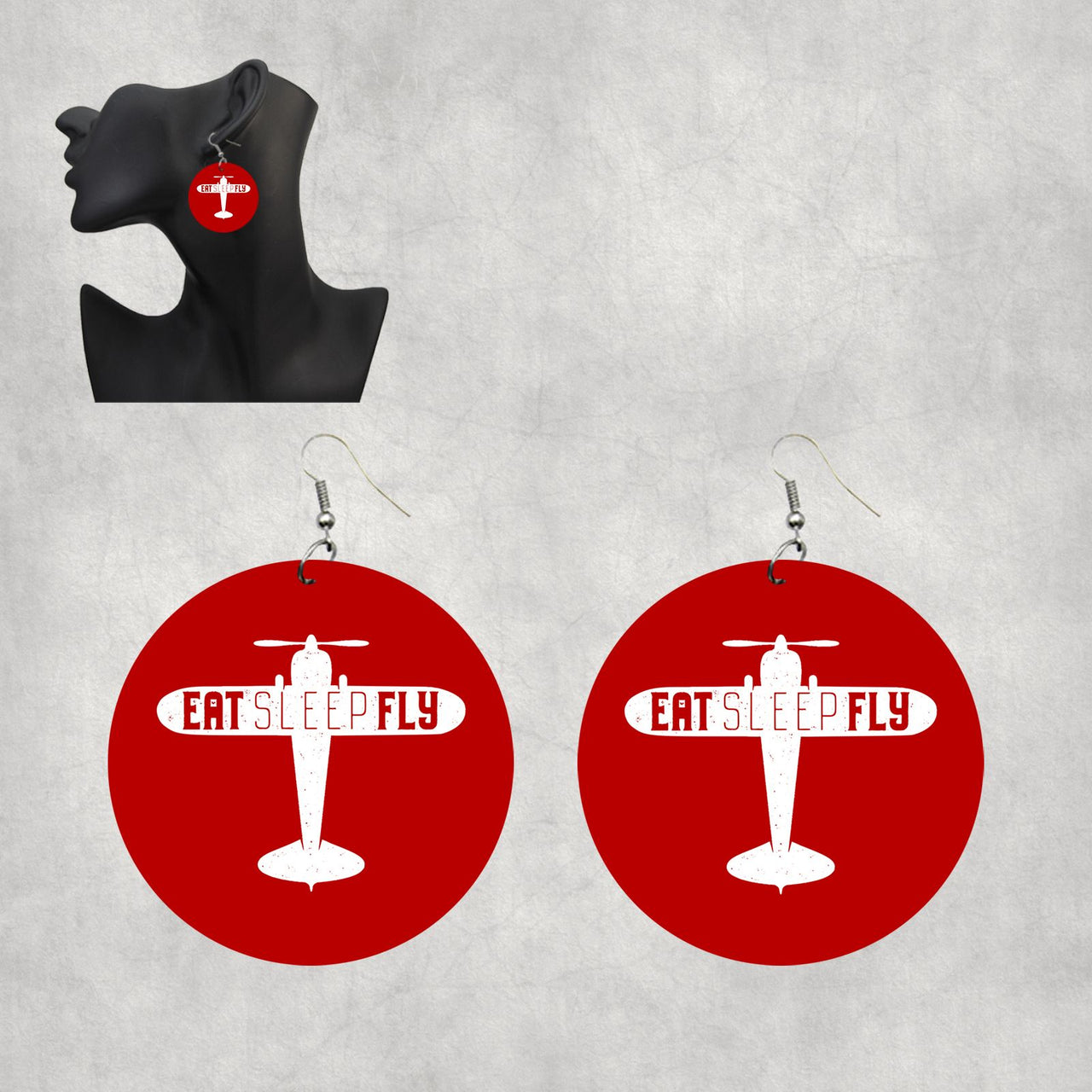 Eat Sleep Fly & Propeller Designed Wooden Drop Earrings