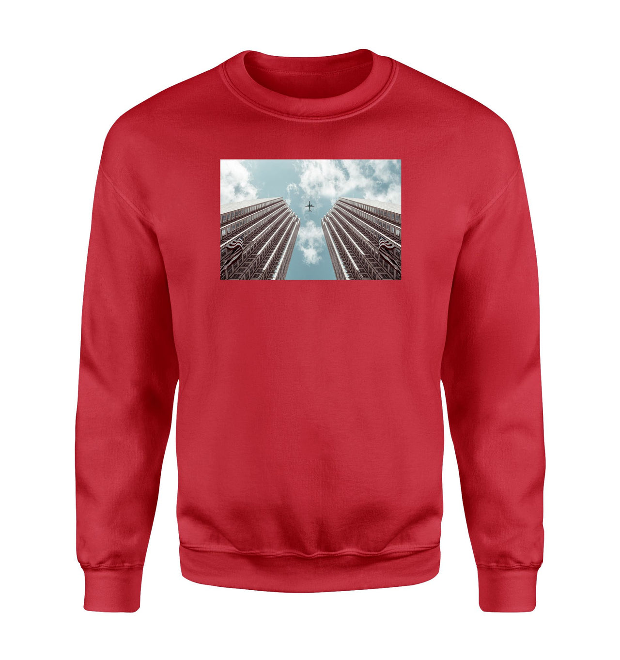 Airplane Flying over Big Buildings Designed Sweatshirts