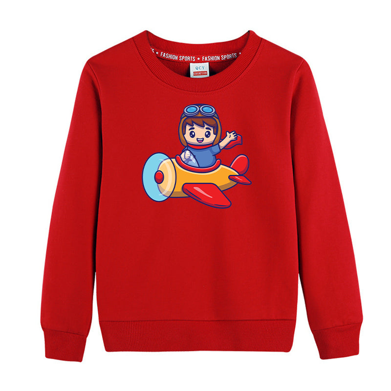 Cute Boy Driving Plane Cartoon Designed "CHILDREN" Sweatshirts