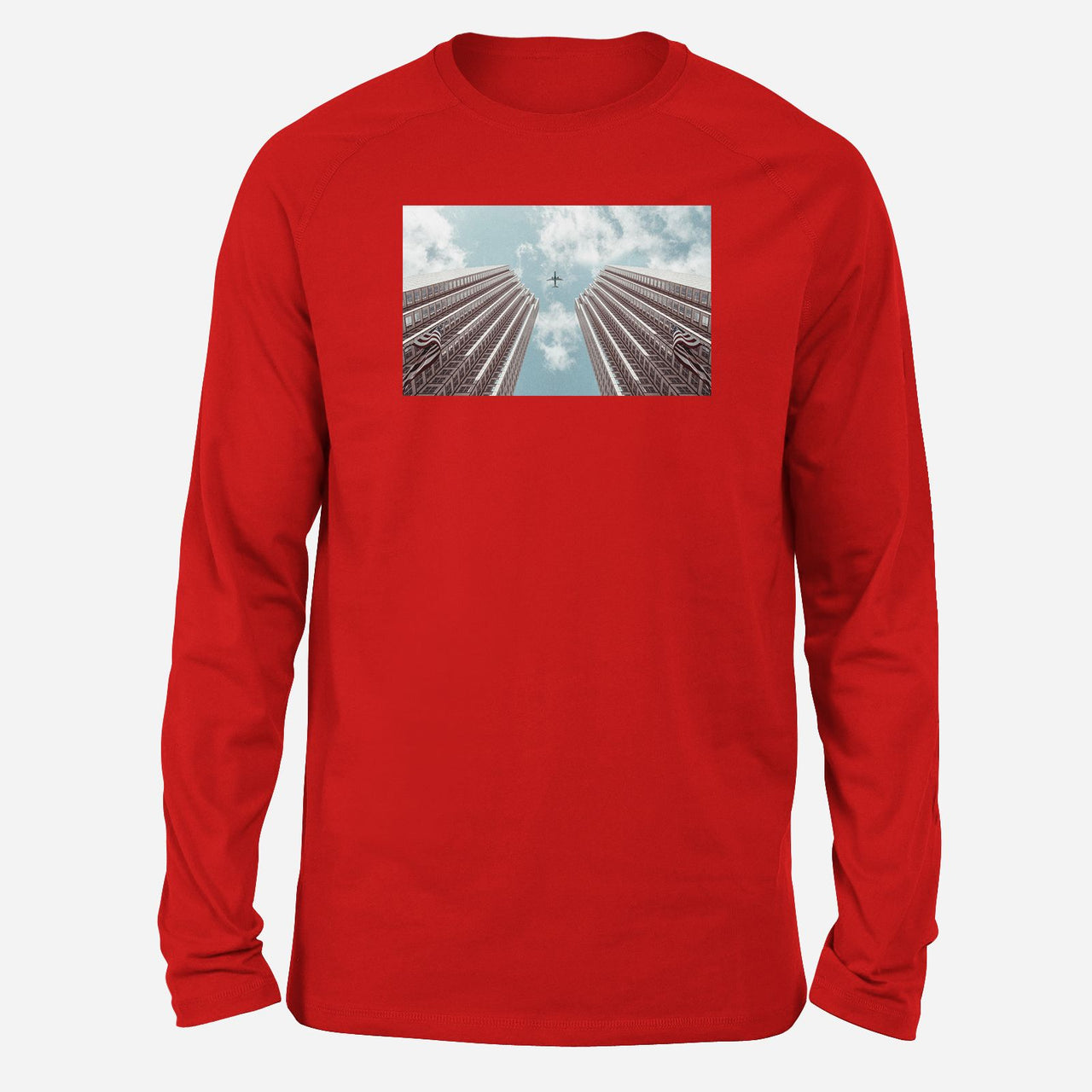 Airplane Flying over Big Buildings Designed Long-Sleeve T-Shirts