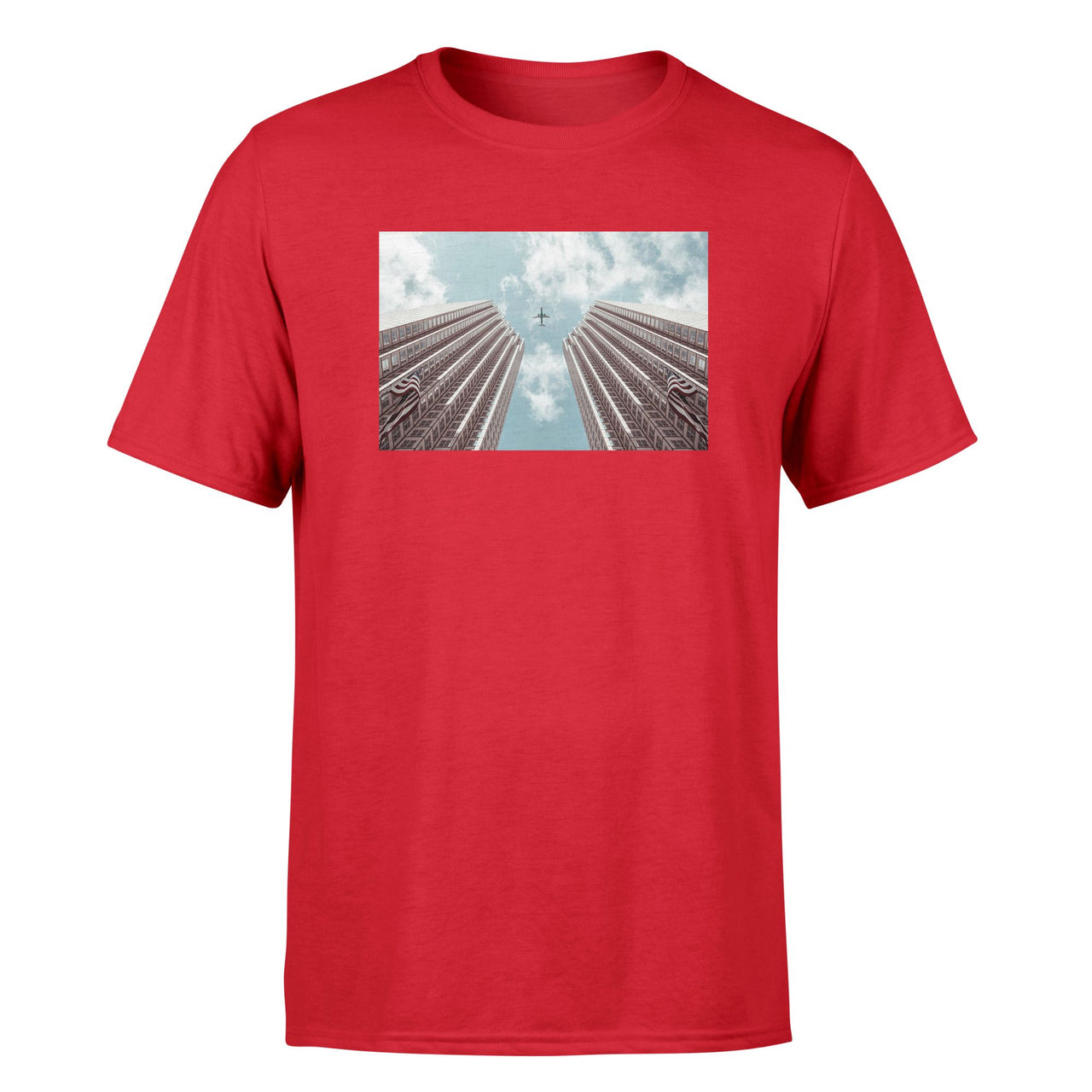 Airplane Flying over Big Buildings Designed T-Shirts