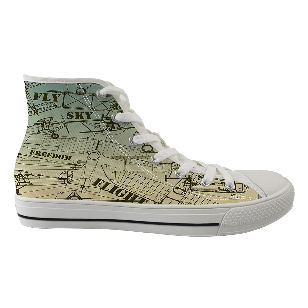 Retro Airplanes & Text Designed Long Canvas Shoes (Women)