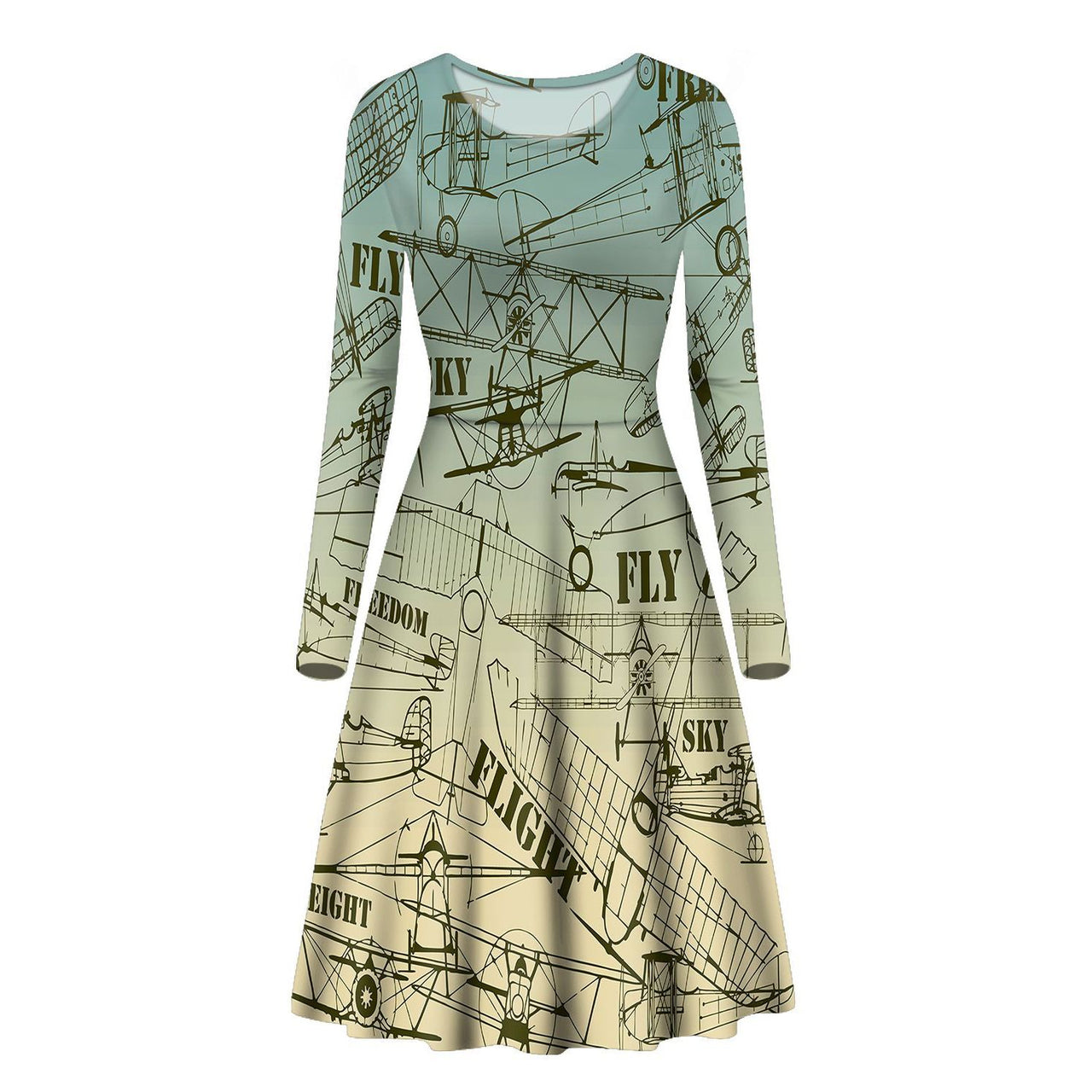 Retro Airplanes & Text Designed Long Sleeve Women Midi Dress