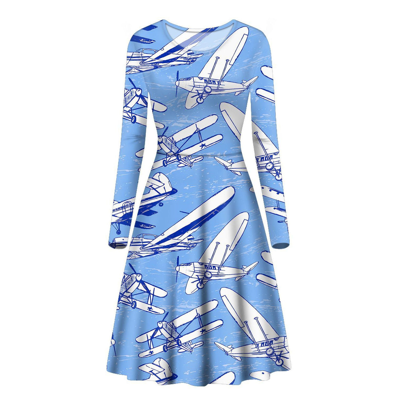 Retro & Vintage Airplanes Designed Long Sleeve Women Midi Dress