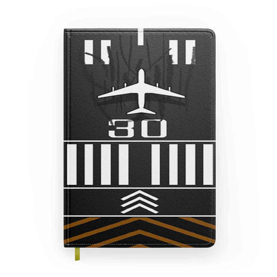 Runway 30 aviation design on premium hardcover notebook.