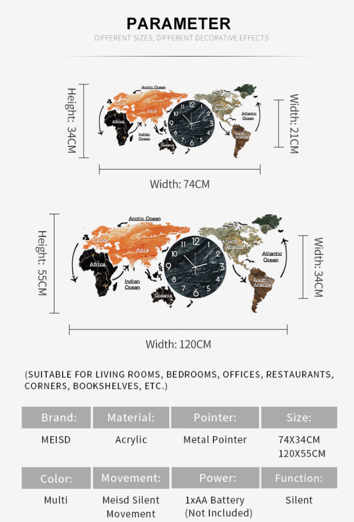 Colourful Acrylic & Decorative World Map Style Wall Clock