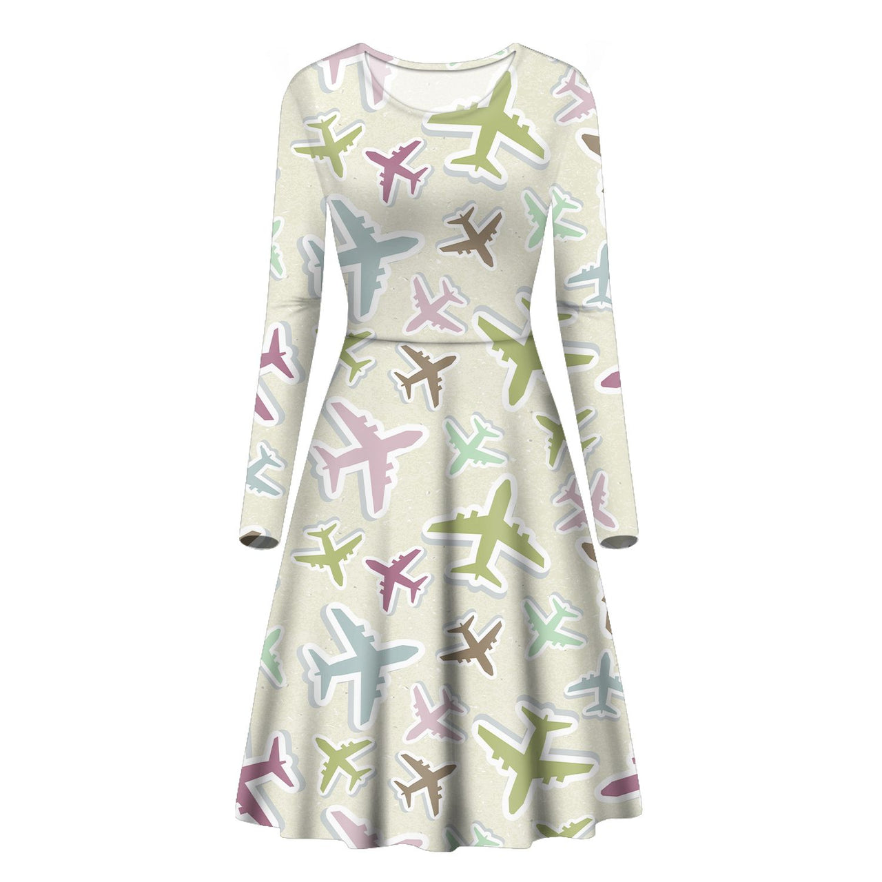 Seamless 3D Airplanes Designed Long Sleeve Women Midi Dress