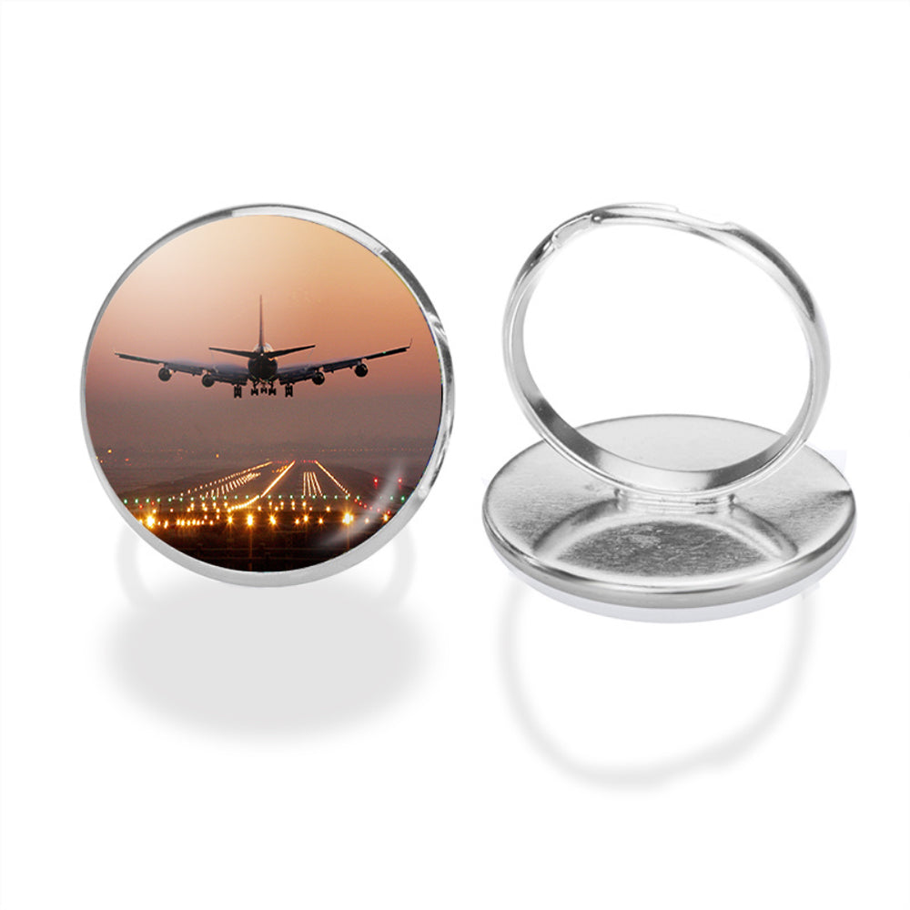 Landing Boeing 747 During Sunset Designed Rings