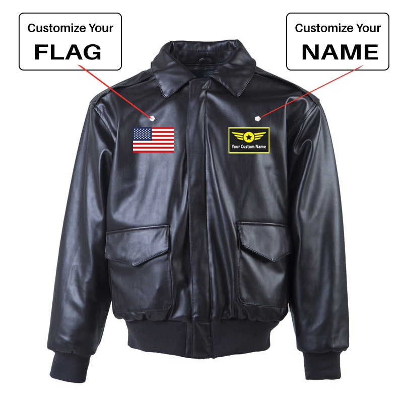 Custom Flag & Name with "Special Badge" Leather Bomber Jackets (NO Fur)