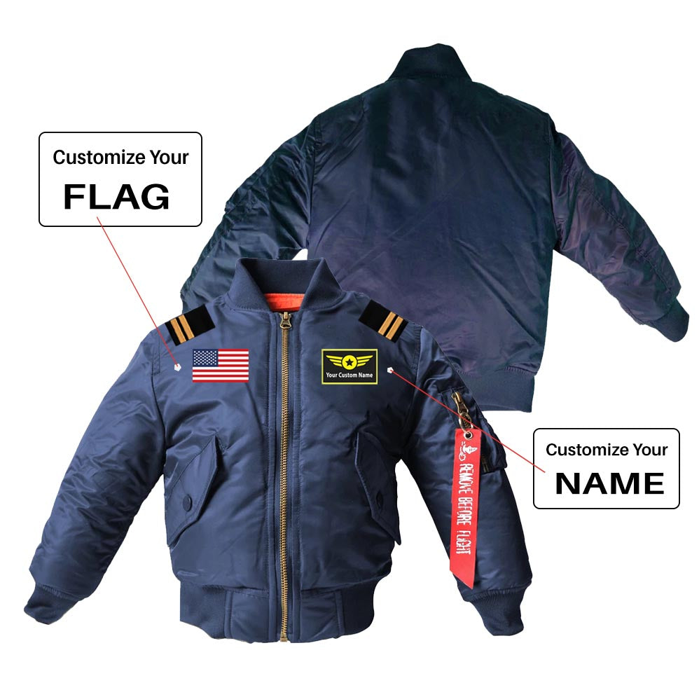 Custom Flag & Name "Special Badge" & Epaulettes Children Bomber Jackets