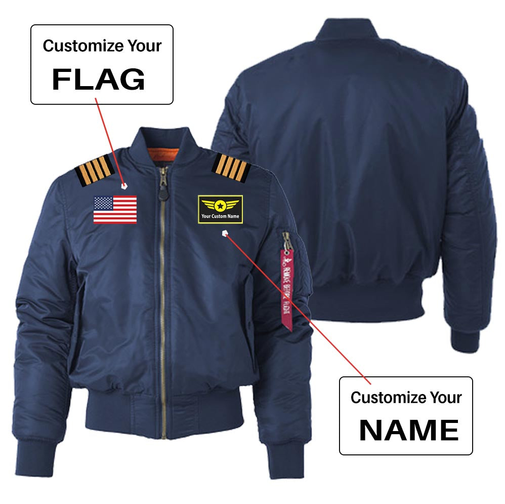 Custom Flag & Name with "S. Badge" + Epaulettes "Women" Bomber Jackets
