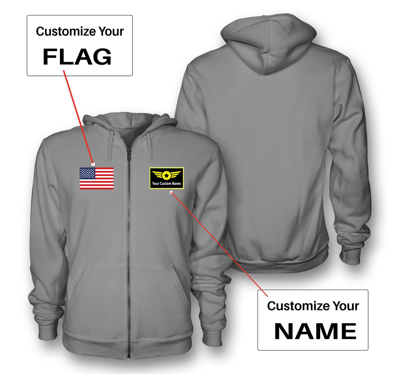 Custom Flag & Name with "Special Badge" Designed Zipped Hoodies