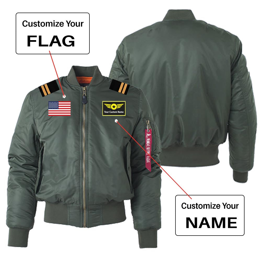 Custom Flag & Name with "S. Badge" + Epaulettes "Women" Bomber Jackets