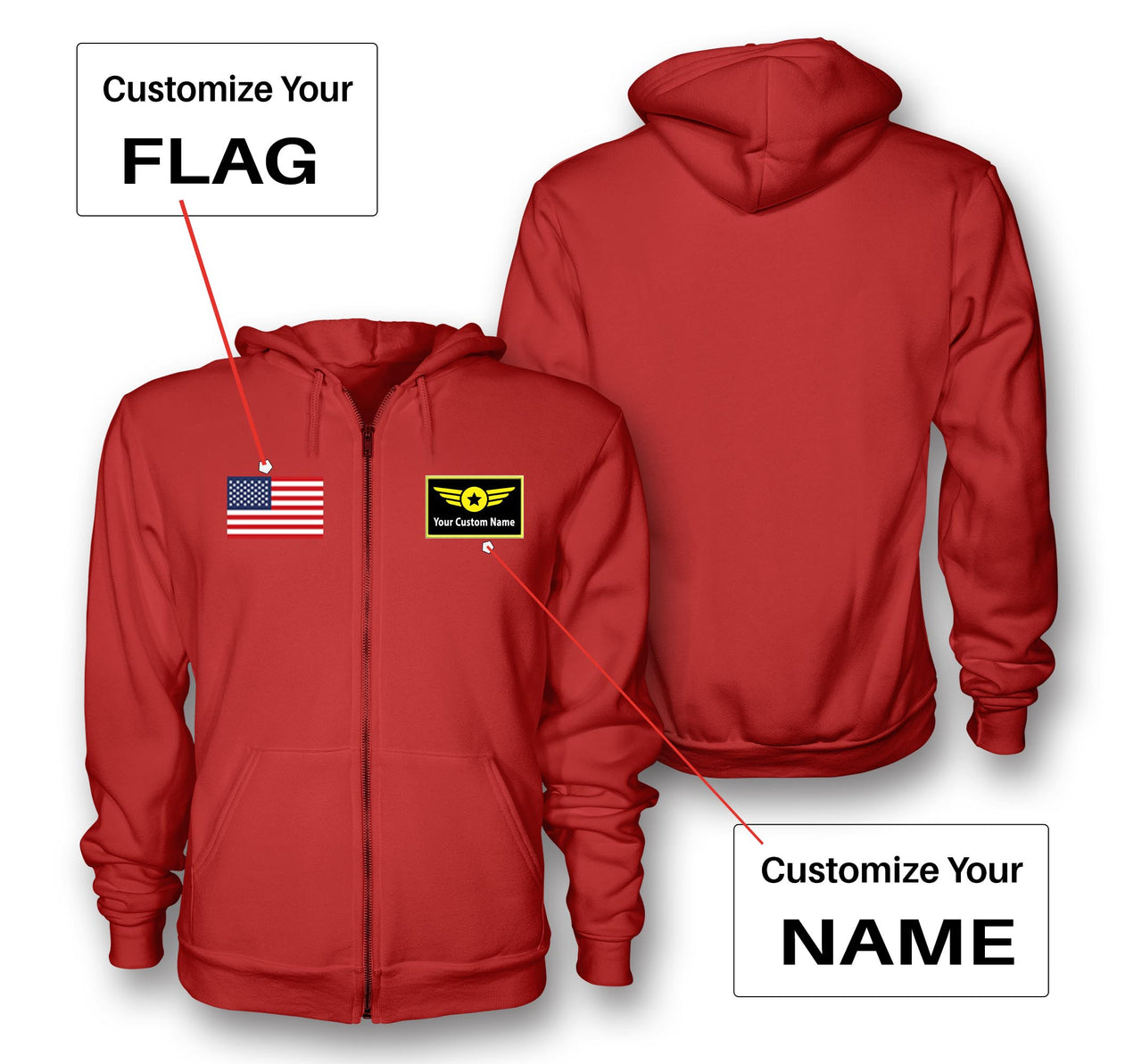 Custom Flag & Name with "Special Badge" Designed Zipped Hoodies
