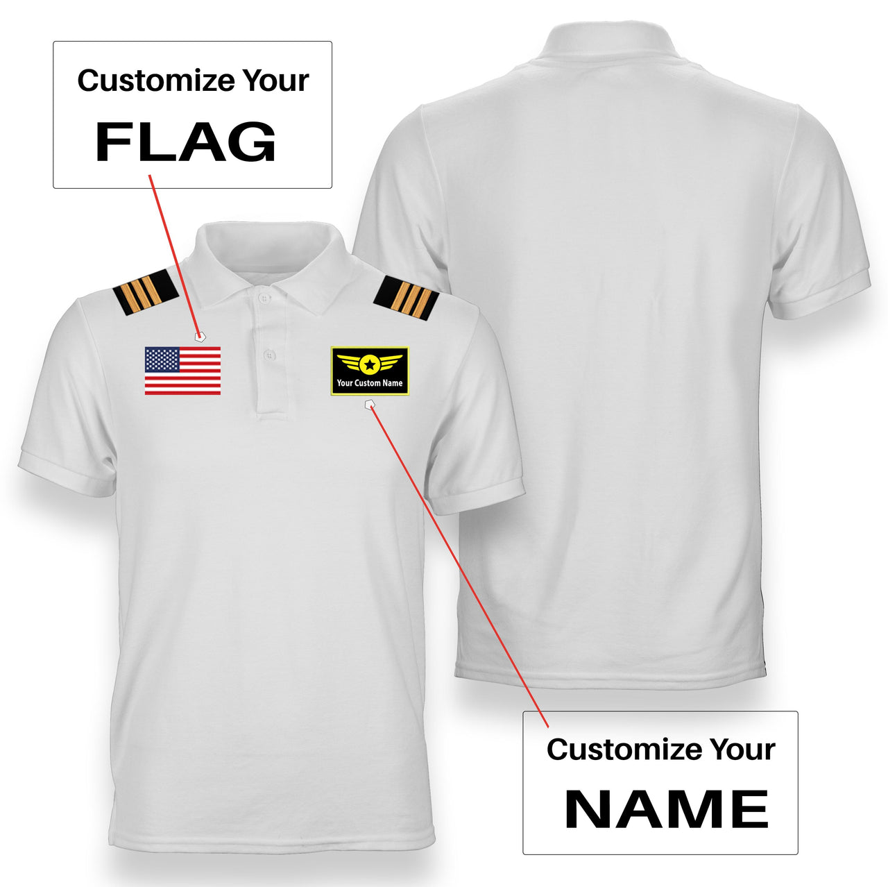 Custom Flag & Name (Special Badge) + Epaulettes Designed Polo T-Shirts