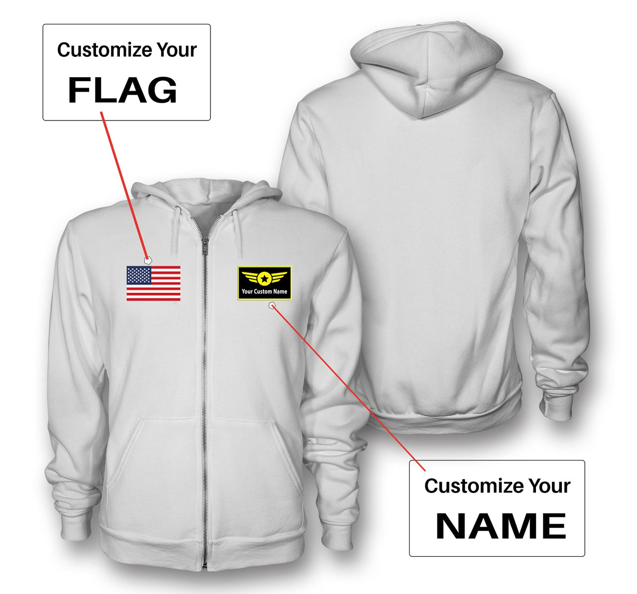 Custom Flag & Name with "Special Badge" Designed Zipped Hoodies