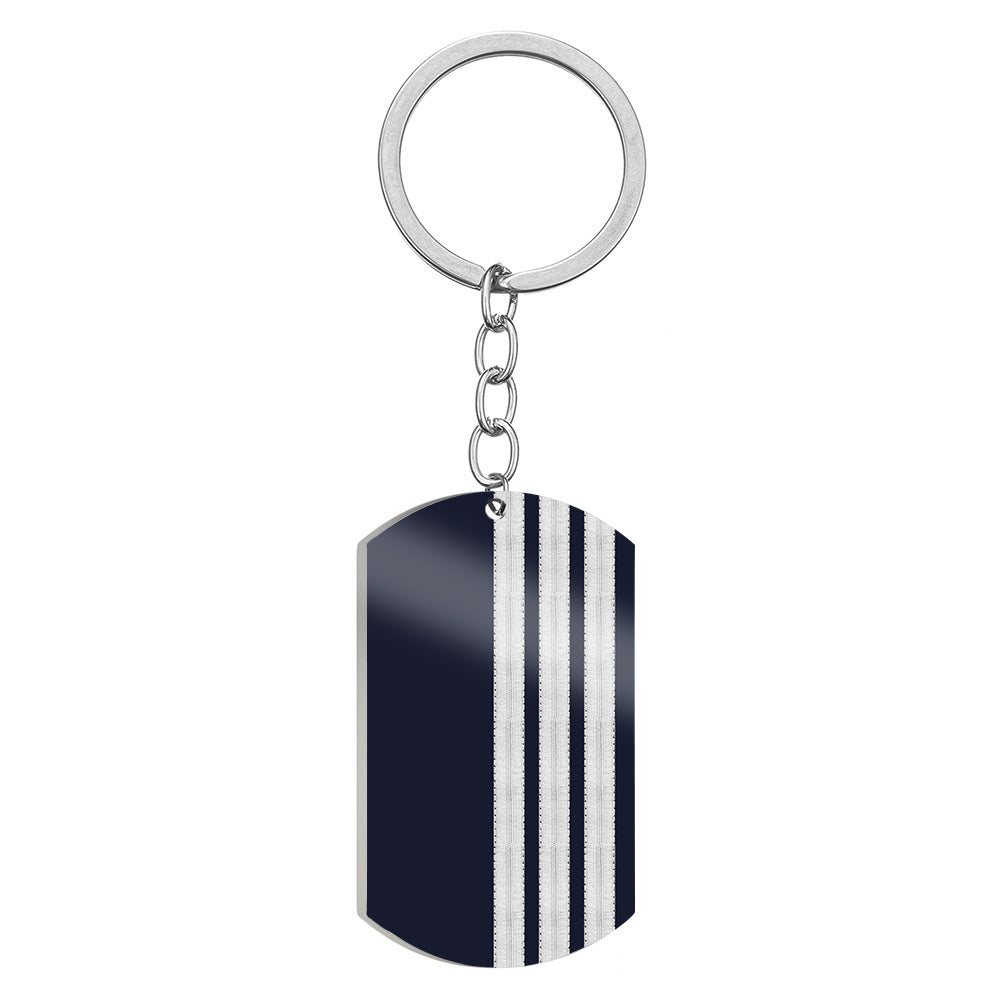 Special Silver Pilot Epaulettes 3 Lines Designed Stainless Steel Key Chains (Double Side)