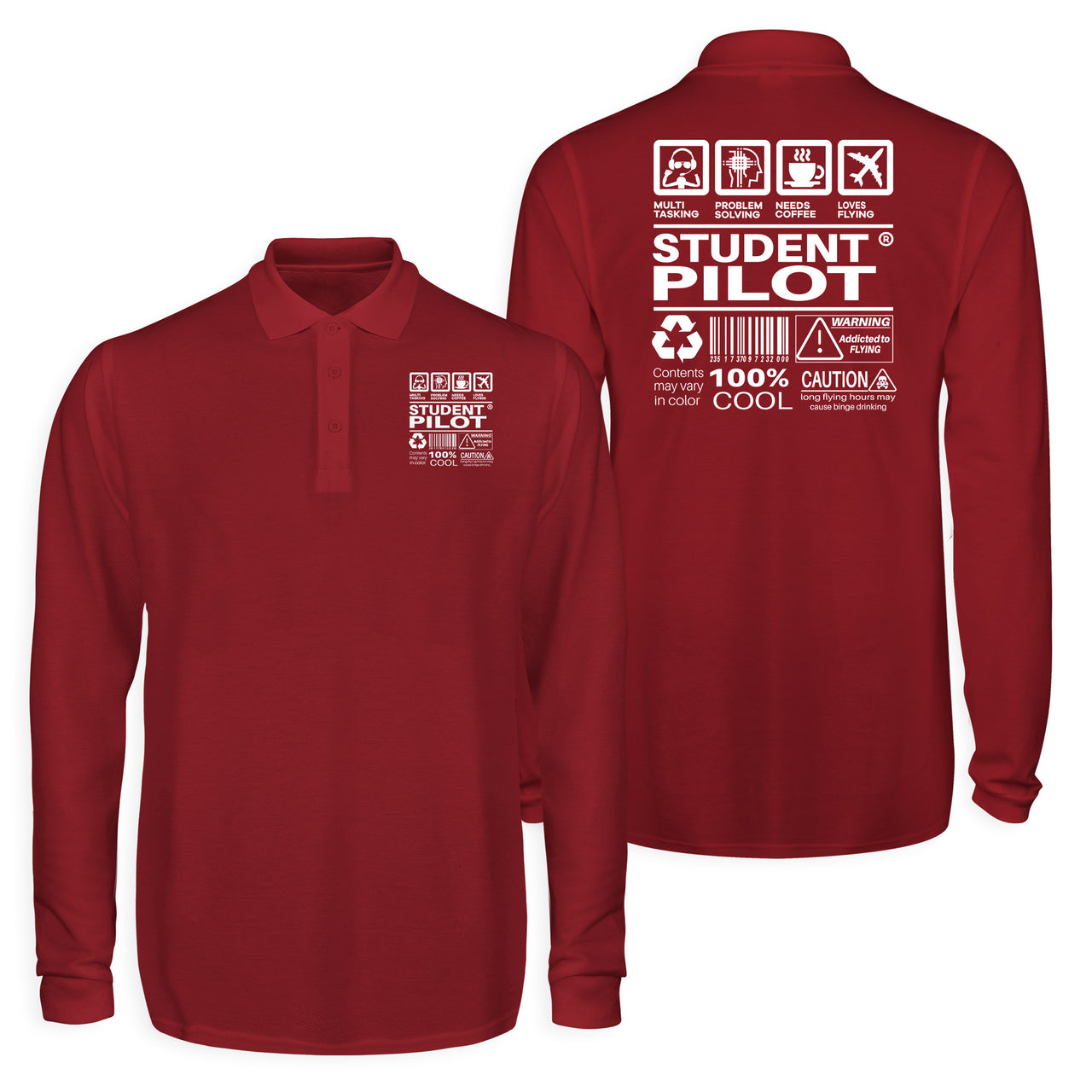 Student Pilot Label Designed Long Sleeve Polo T-Shirts (Double-Side)