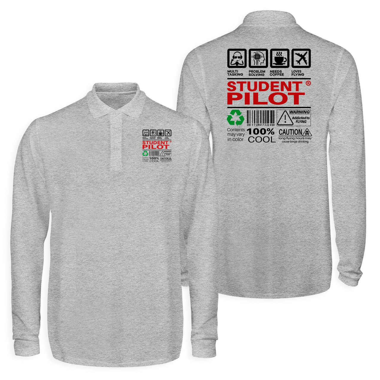 Student Pilot Label Designed Long Sleeve Polo T-Shirts (Double-Side)