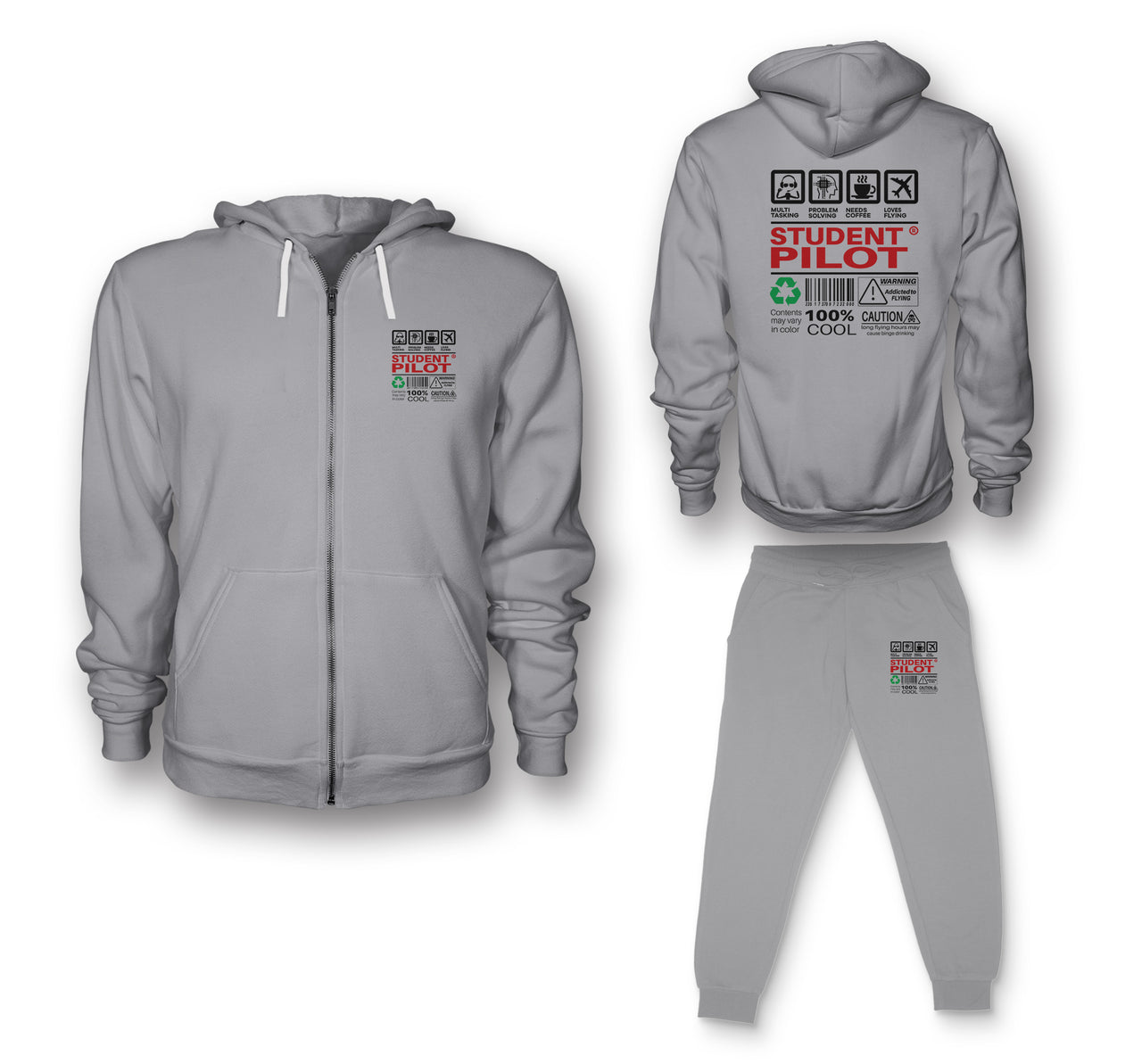 Student Pilot Label Designed Zipped Hoodies & Sweatpants Set