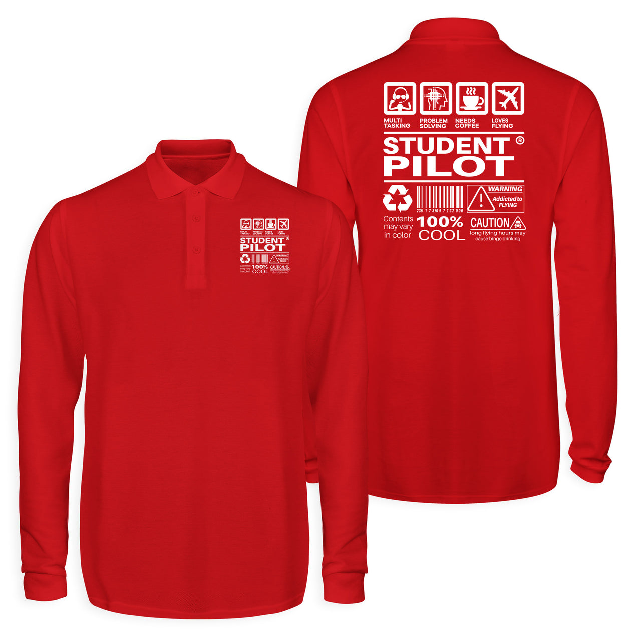 Student Pilot Label Designed Long Sleeve Polo T-Shirts (Double-Side)