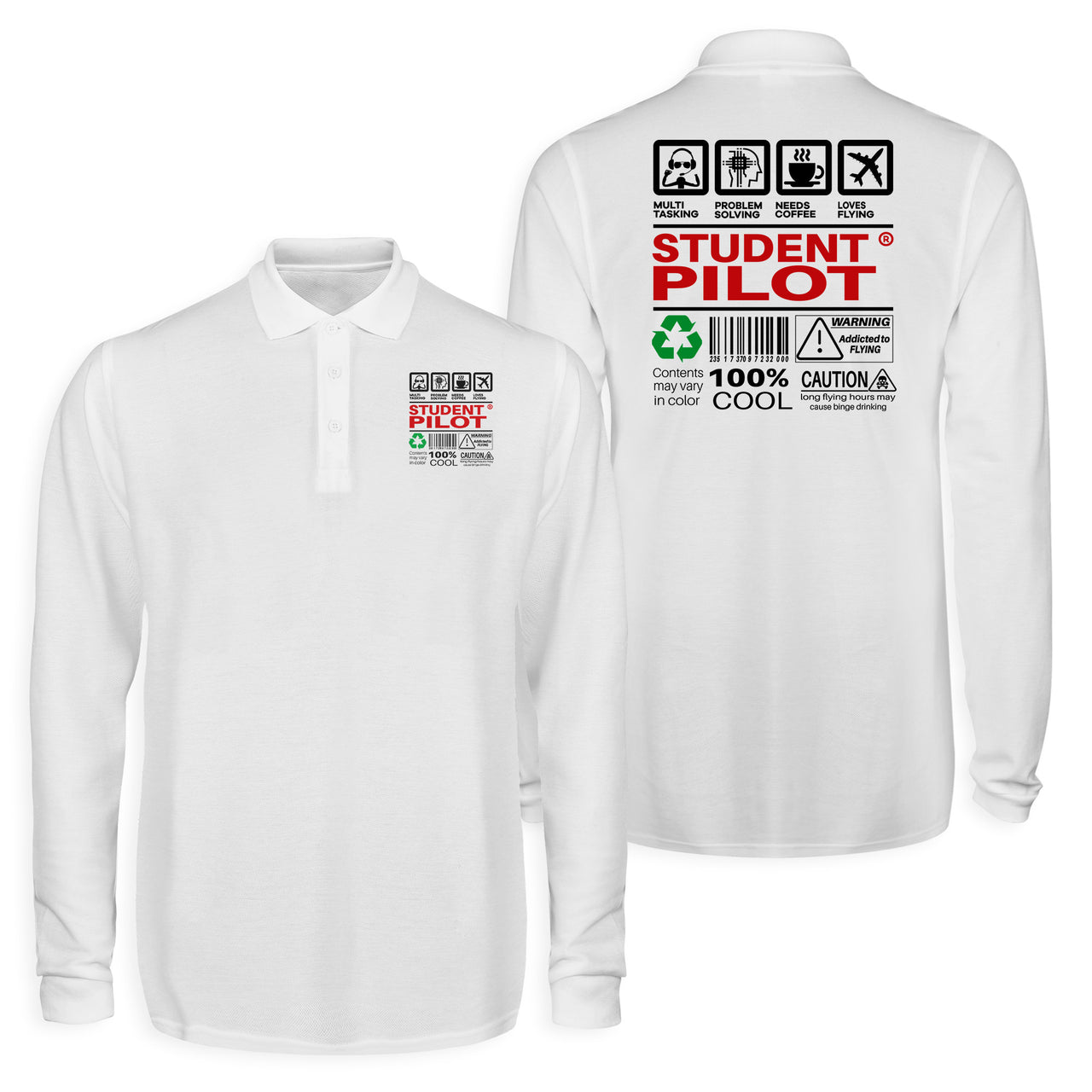 Student Pilot Label Designed Long Sleeve Polo T-Shirts (Double-Side)