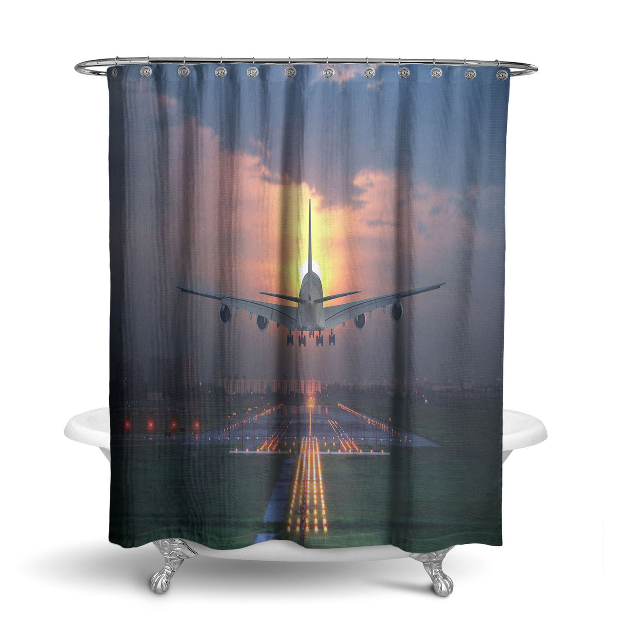 Super Airbus A380 Landing During Sunset Designed Shower Curtains