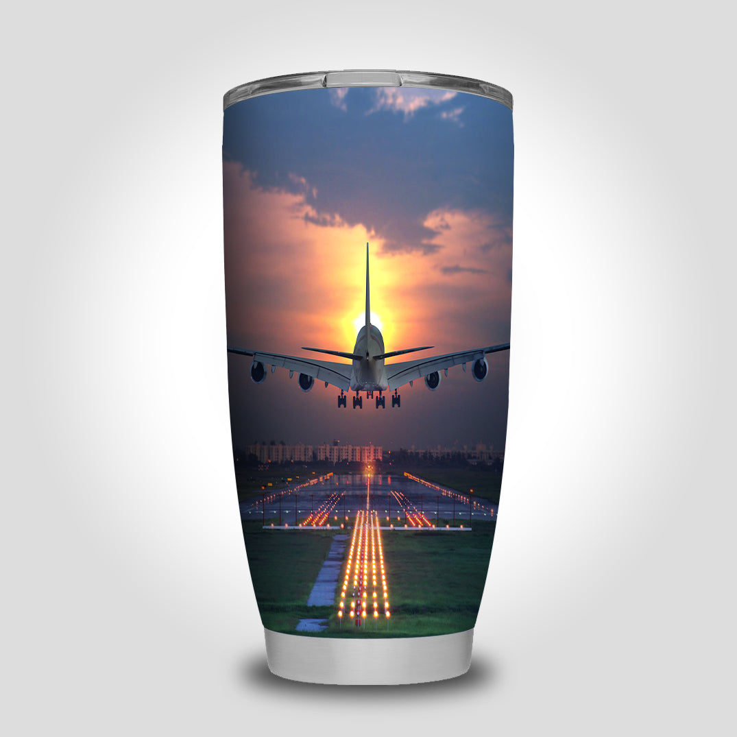 Super Airbus A380 Landing During Sunset Designed Tumbler Travel Mugs