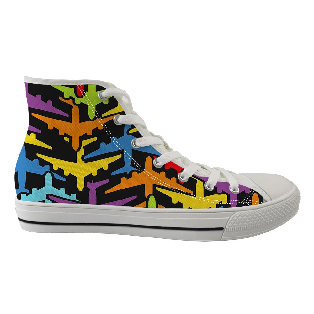 Super Colourful Airplanes Designed Long Canvas Shoes (Women)