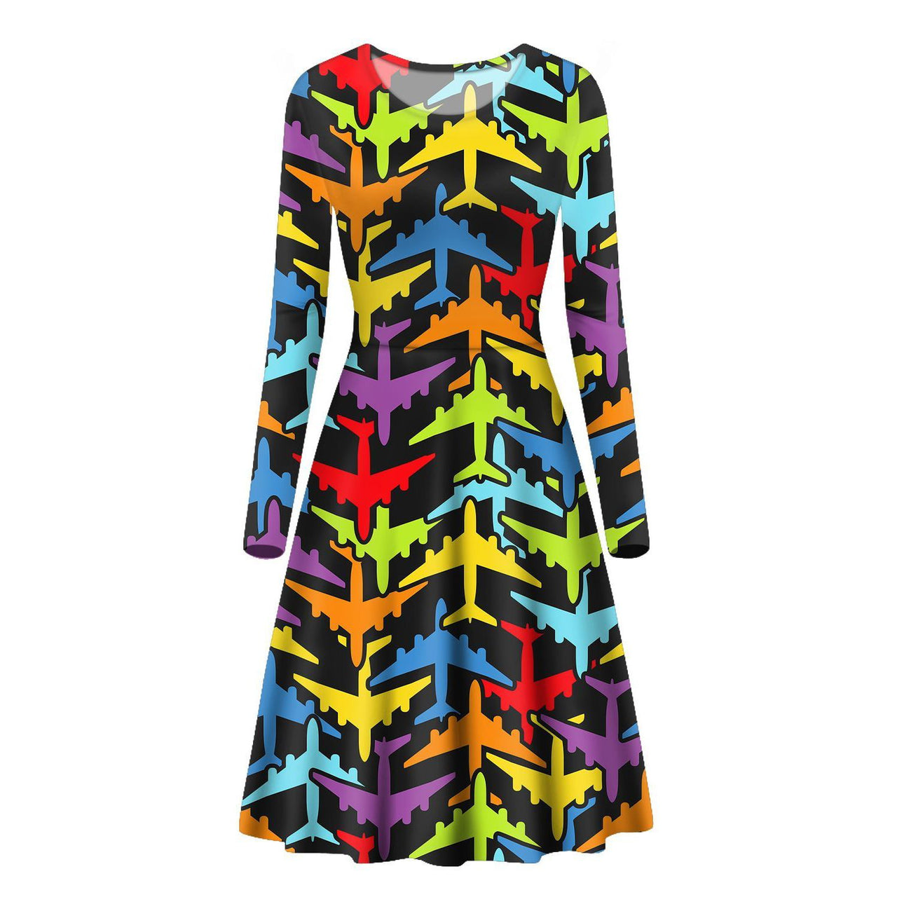 Super Colourful Airplanes Designed Long Sleeve Women Midi Dress