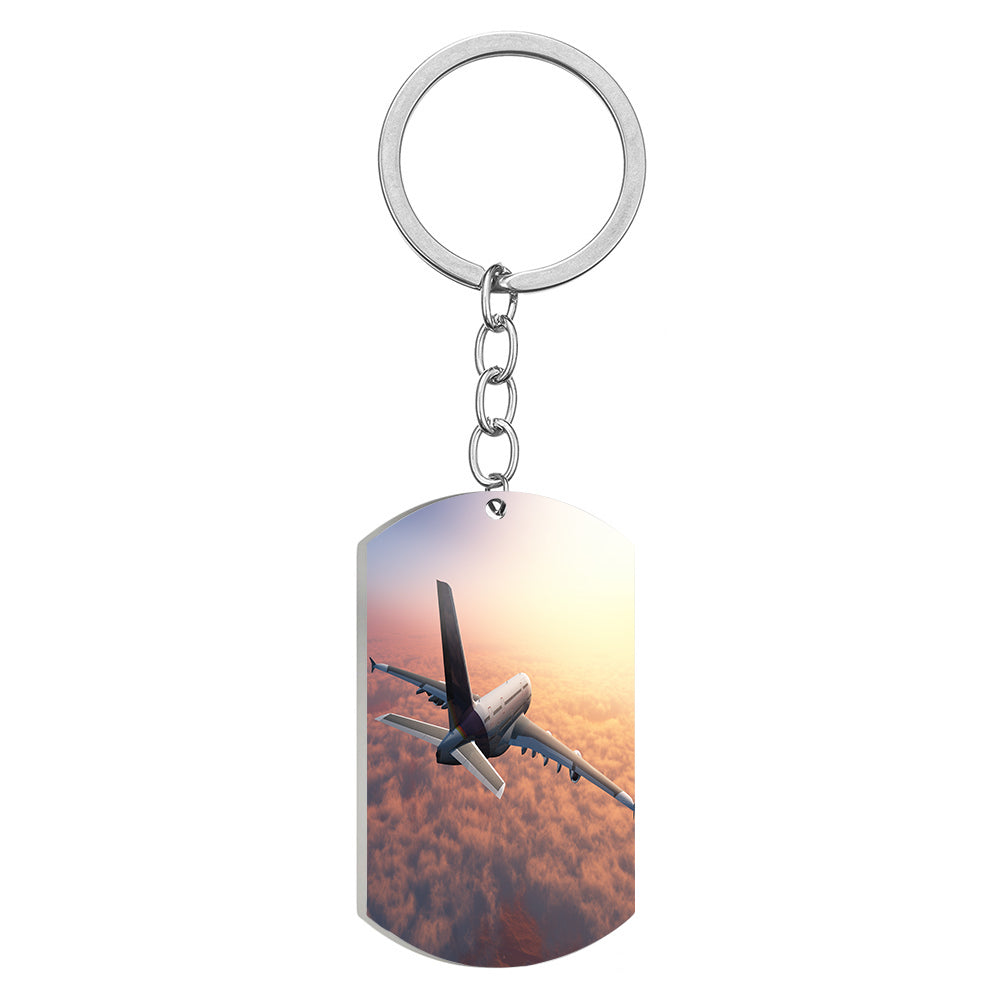 Super Cruising Airbus A380 over Clouds Designed Stainless Steel Key Chains (Double Side)