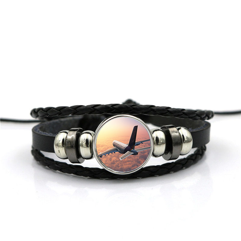 Super Cruising Airbus A380 over Clouds Designed Leather Bracelets