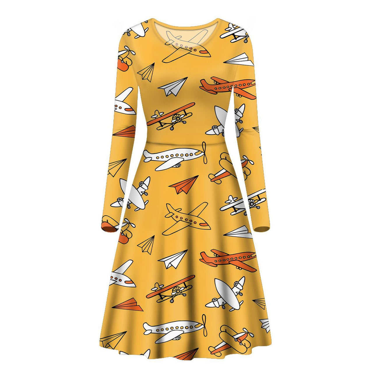 Super Drawings of Airplanes Designed Long Sleeve Women Midi Dress