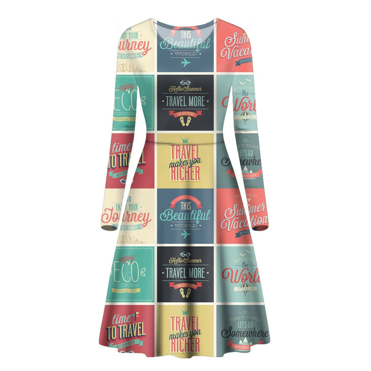 Super Travel Icons Designed Long Sleeve Women Midi Dress