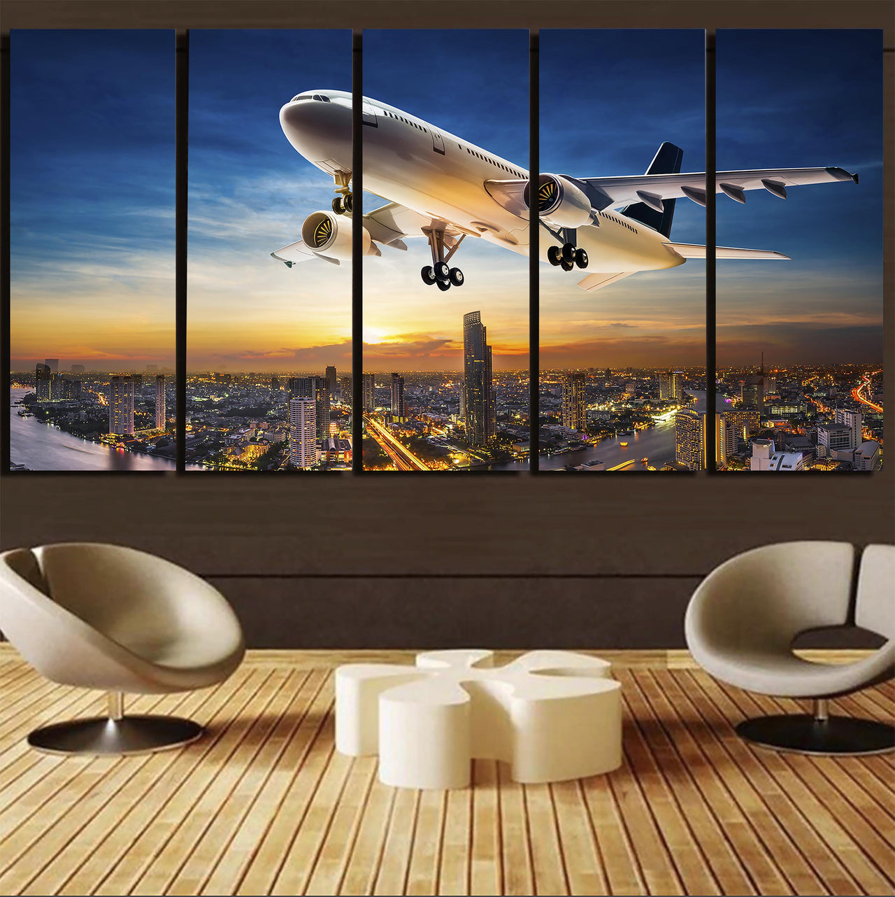 Super Aircraft over City at Sunset Canvas Prints (5 Pieces)