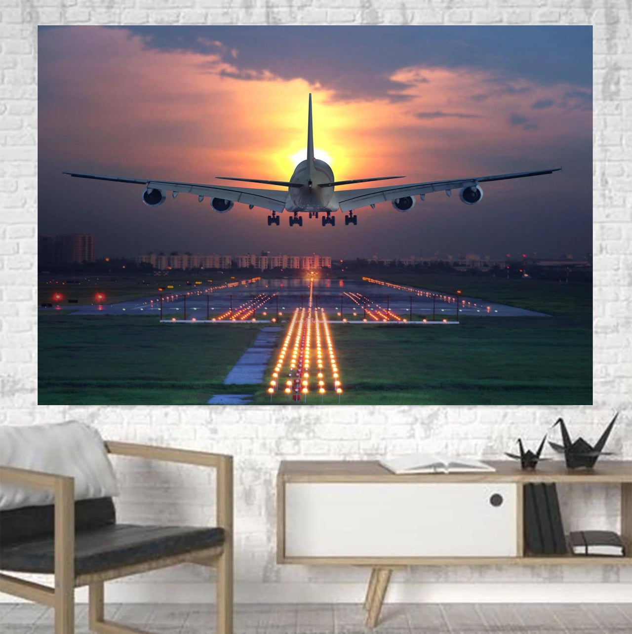 Super Boeing 747 Landing During Sunset Printed Canvas Posters (1 Piece) Aviation Shop 