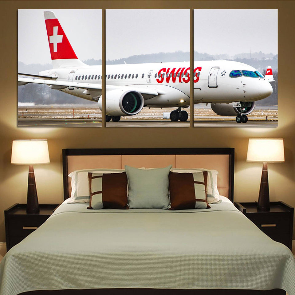 Swiss Airlines Bombardier CS100 Printed Canvas Posters (3 Pieces) Aviation Shop 