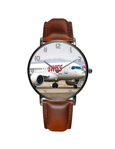 Swiss Airlines Bombardier CS100 aviation slim watch, stainless steel body with engraved detail.