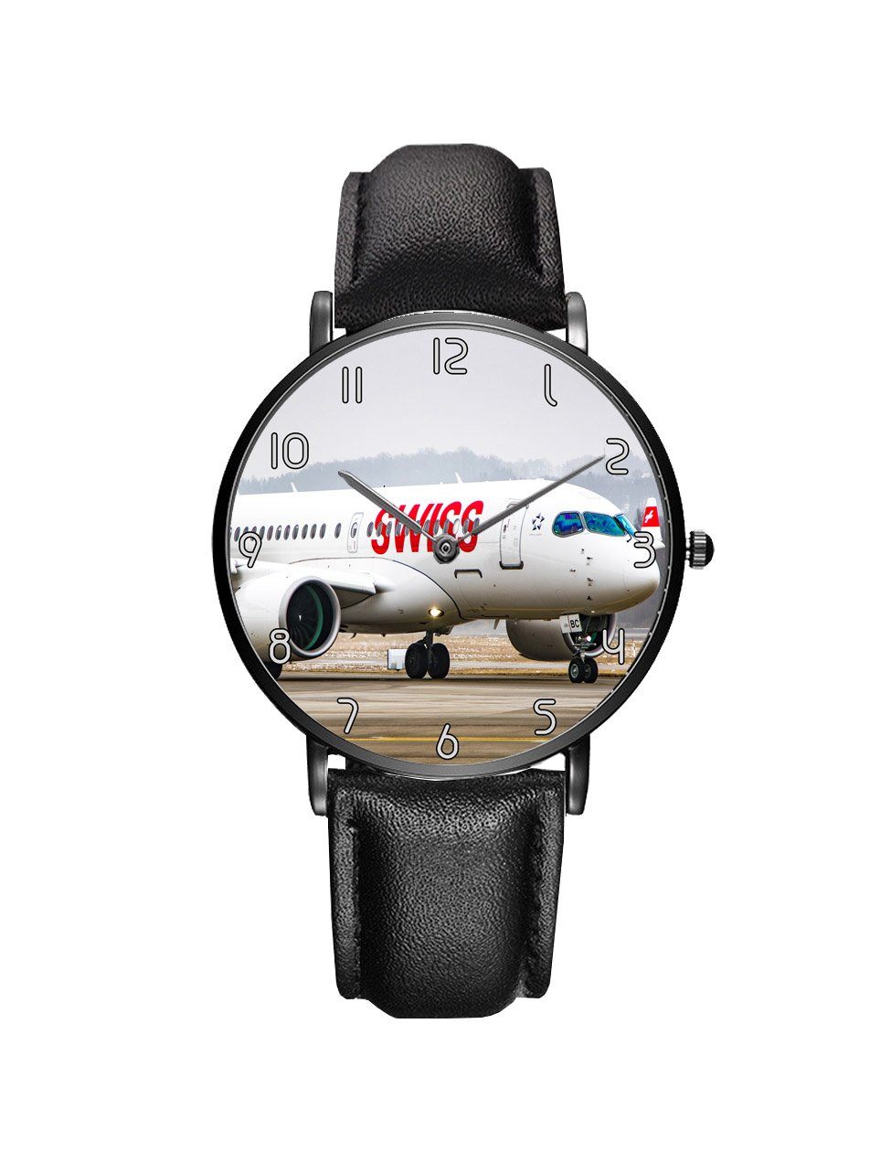 Swiss Airlines Bombardier CS100 Leather Strap Watches Aviation Shop Black & Black Leather Strap 