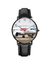 Thumbnail for Swiss Airlines Bombardier CS100 Leather Strap Watches Aviation Shop Black & Black Leather Strap 