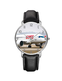 Thumbnail for Swiss Airlines Bombardier CS100 Leather Strap Watches Aviation Shop Silver & Black Leather Strap 