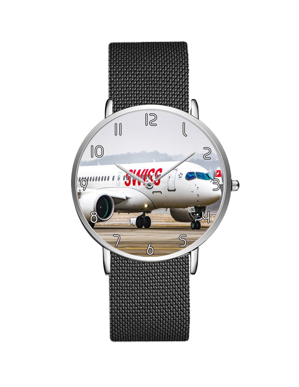 Swiss Airlines Bombardier CS100 Stainless Steel Strap Watches Aviation Shop Silver & Black Stainless Steel Strap 