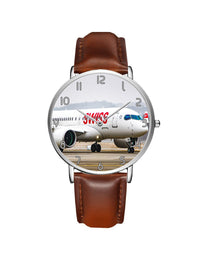 Thumbnail for Swiss Airlines Bombardier CS100 Leather Strap Watches Aviation Shop Silver & Brown Leather Strap 