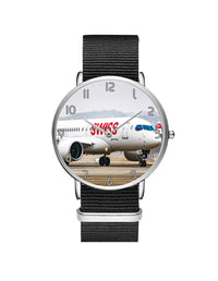 Thumbnail for Swiss Airlines Bombardier CS100 Leather Strap Watches Aviation Shop Silver & Black Nylon Strap 