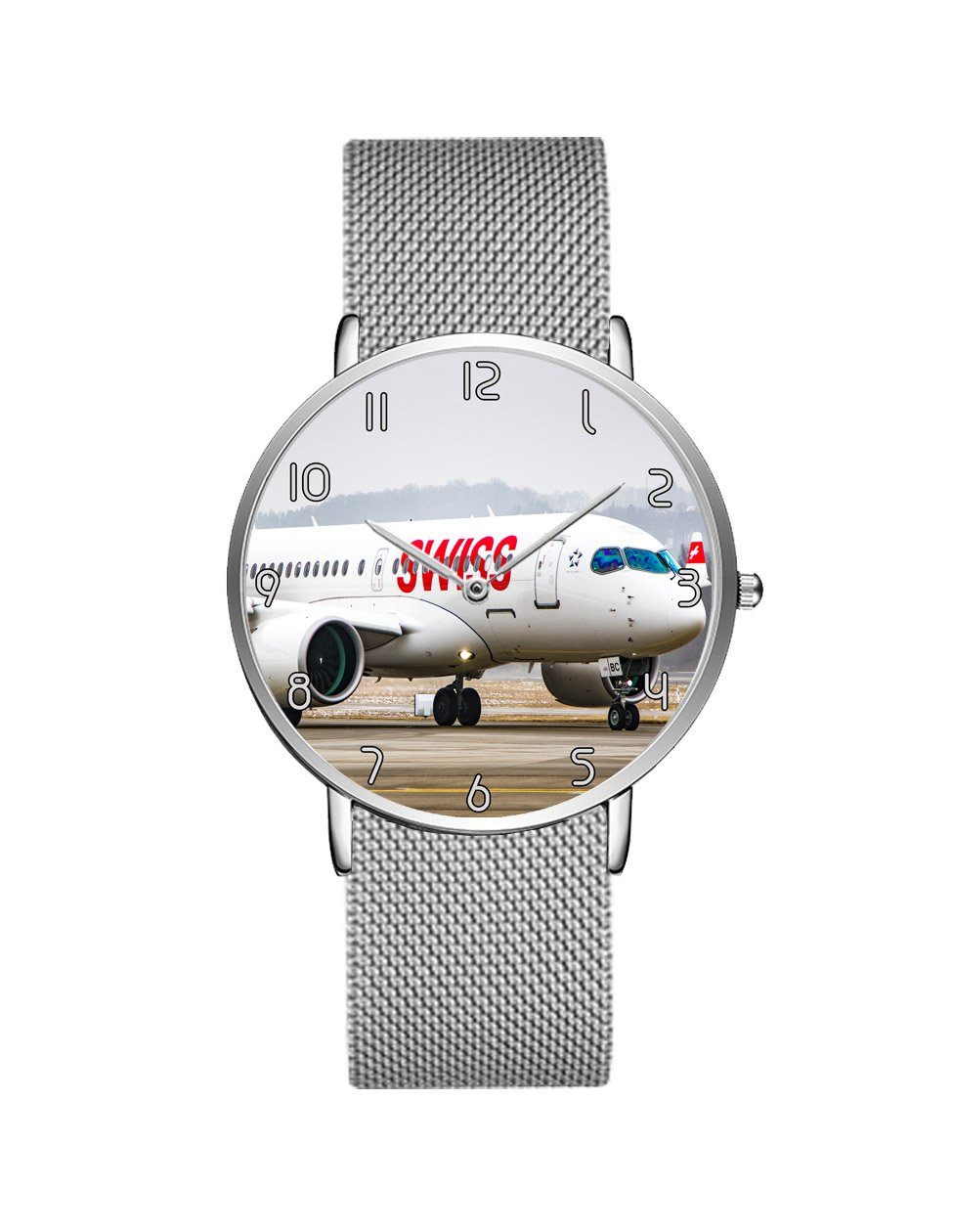 Taking Off Aircraft Printed Stainless Steel Strap Watches Aviation Shop Silver & Black Stainless Steel Strap 